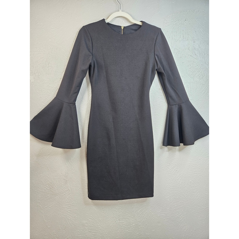 B. Darlin Bell Sleeve Bodycon Mini Dress Black Scuba Knit Gold Zipper Witchy LBD